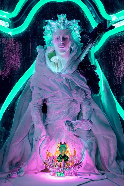 Prompt: photo of full - bodied rococo and cyberpunk delicate neon crystalline sculpture of seductive onyx albino marble prince nick jonas green iridescent humanoid deity wearing pink plastic hooded cloak holding an glass skull in a onyx alien dungeon, reclining, glowing magenta face, crown of white diamonds, cinematic lighting, photorealistic, octane render 8 k depth of field 3 d