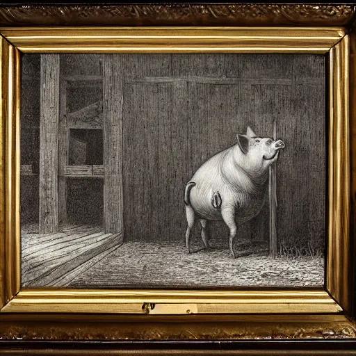 Prompt: pig in a tuxedo walk out of a barn, dramatic lighting, creepy, farm background chiaroscuro, high detail, illustration by gustave dore