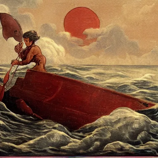 Image similar to the age of discovery, red moon over stormy ocean, huge clouds in the form of a gigantic octopus, the greatest adventurer standing on a 1 5 th century sampan boat holding a