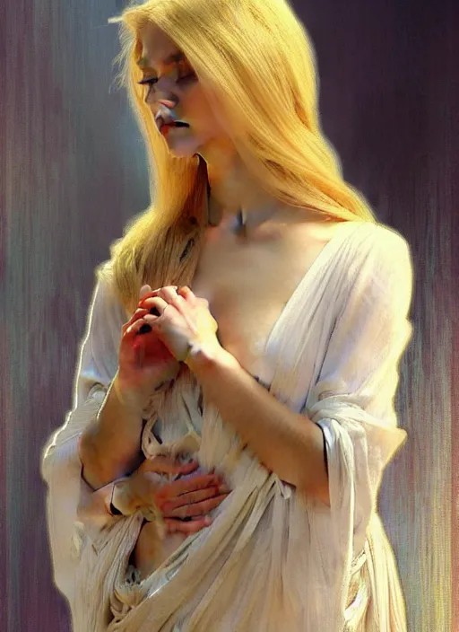 Image similar to painted portrait of a shy wife blessed by god to grow immaculately attractive and perfect. blonde, clothed holy body, light effect. modern fantasy, feminine, fertile, in clothes! highly detailed, intricate, elegant, fertility, concept art, digital painting, artstation, smooth, sharp focus, illustration, art by gaston bussiere and alphonse mucha