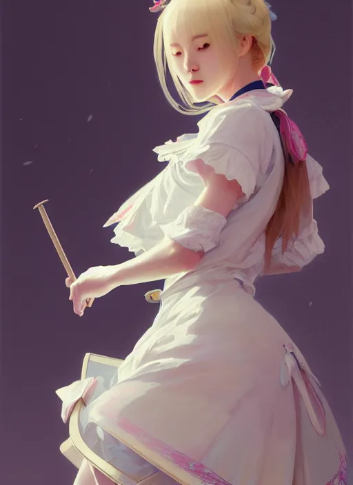 Image similar to symmetry!! portrait of a pretty japanese girl with blonde hair dressed as a french maid skateboarding, elegant, highly detailed, digital painting, 8 k, concept art, smooth, sharp focus, illustration, ethereal, misty, octane render, by ruan jia and greg rutkowski and alphonse mucha