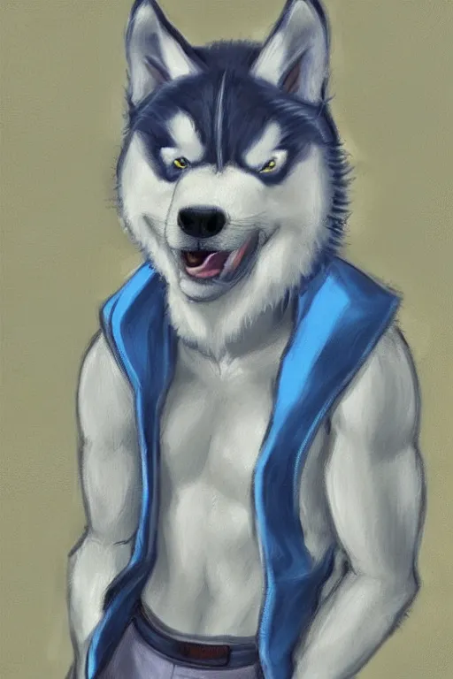 Prompt: a character design of a husky in blue vest, boxing on the stage, portrait painting, anime, studio ghibli, humanoid, anthropomorphic, personify, furry