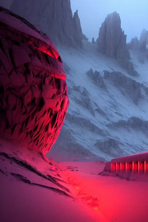 Prompt: futuristic atmosphere in the snowy mountains dolomites 3 d concept art, cinematic lighting, rule of thirds, depth of field, intricate details, building by zaha hadid, stormy weather, emissary space by arthur haas and bruce pennington and john schoenherr, cinematic matte painting, red glowing eyes, dark moody colors, trending on artstation, featured on behance