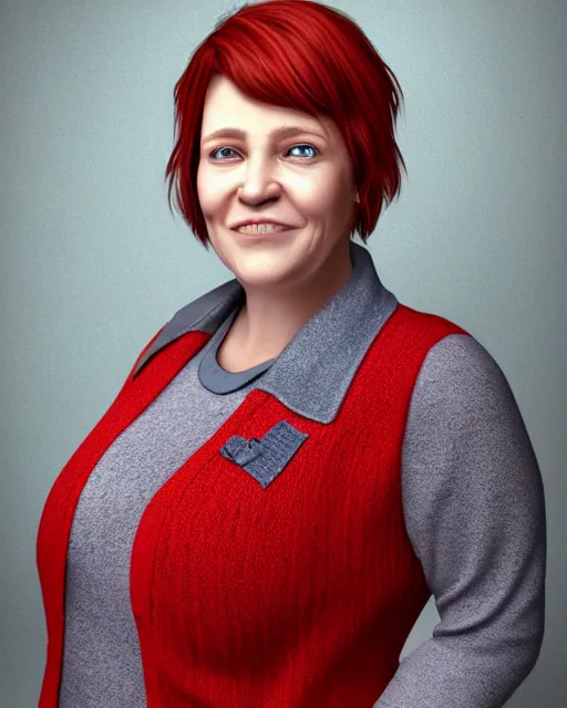 Image similar to portrait of happy short and plump 5 0 - year - old woman with red hair and, kind face, short hair, wearing in cardigan, hyper realistic face, beautiful eyes, character art, art by mark brooks, hyperdetailed, cryengine, trending on artstation, digital art