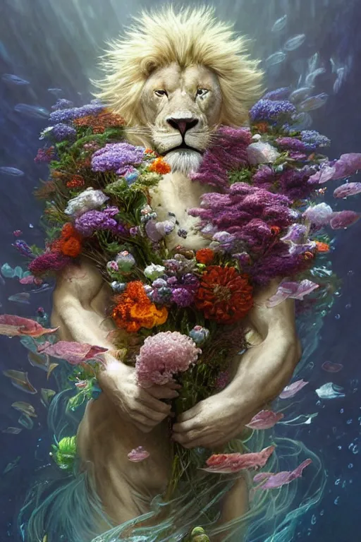 Prompt: portrait of a beautiful mysterious albino male furry anthro lion holding a bouquet of flowing flowers, mane flowing upwards, small bubbles surrounding him, hands hidden under the bouquet, submerged underwater filled with colorful small fish and coral reef, fantasy, regal, intricate, by stanley artgerm lau, greg rutkowski, thomas kindkade, alphonse mucha, loish, norman rockwell