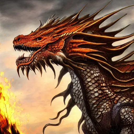 Prompt: photorealistic dragon portrait, burning village background