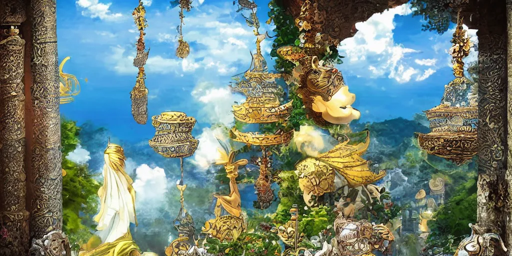 Image similar to wind god enjoying the view from his stone heavenly palace, decorated with windchimes and paper lanterns, nature, clouds and other palaces in background, digital art