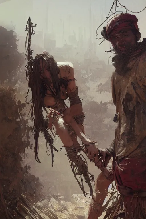 Image similar to a full body portrait of a beautiful post apocalyptic offworld butchers district bedouin blind pulp fiction scarlet wild rogue barbarian leper begging by the roadside, intricate, elegant, highly detailed, digital painting, artstation, concept art, smooth, sharp focus, illustration, art by krenz cushart and artem demura and alphonse mucha