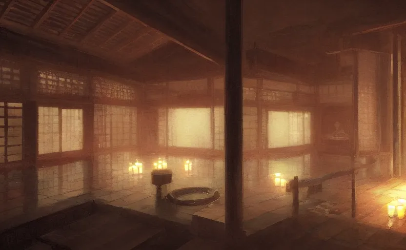 Prompt: painting of an interior Japanese bathhouse with candles by Greg Rutkowski and Craig Mullins, Dark atmospheric sad and cinematic lighting, Trending on artstation