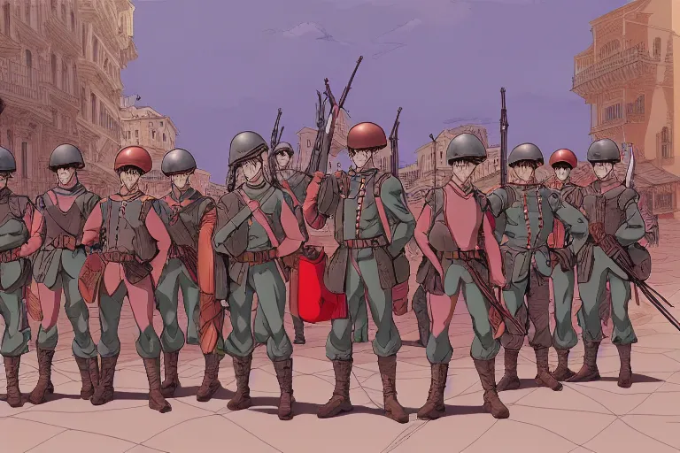 Prompt: cel shaded study of a group of soldiers in a late renaissance city, key visual with intricate linework, in the style of moebius, ayami kojima, 90's anime, retro fantasy