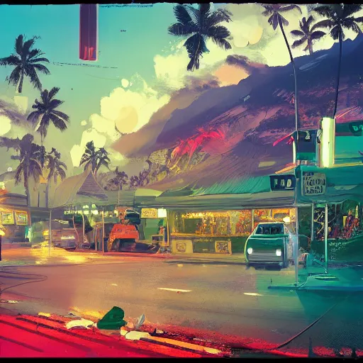 Prompt: christmas in hawaii by james gilleard and liam wong and jeremy mann, extra wide angle