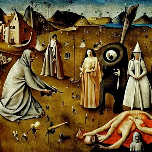 Prompt: film still from movie based on hieronymus bosch paintings, cinematic, directed by jodorowsky