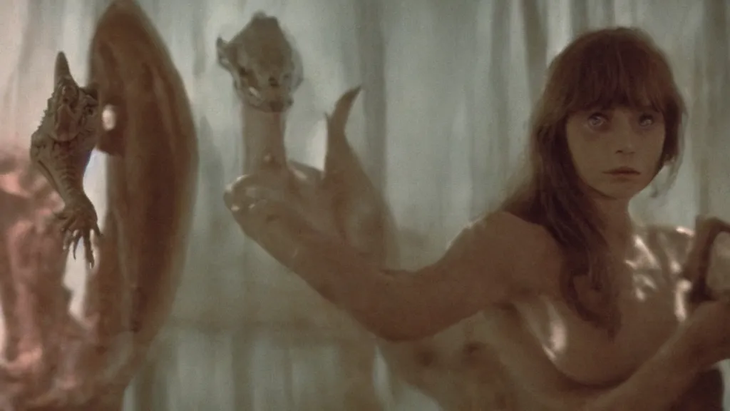 Prompt: movie scene of a girl and a draconian humanoid, reptil, reptilian, movie still, cinematic composition, cinematic light, criterion collection, reimagined by industrial light and magic, Movie by Andrzej Żuławski