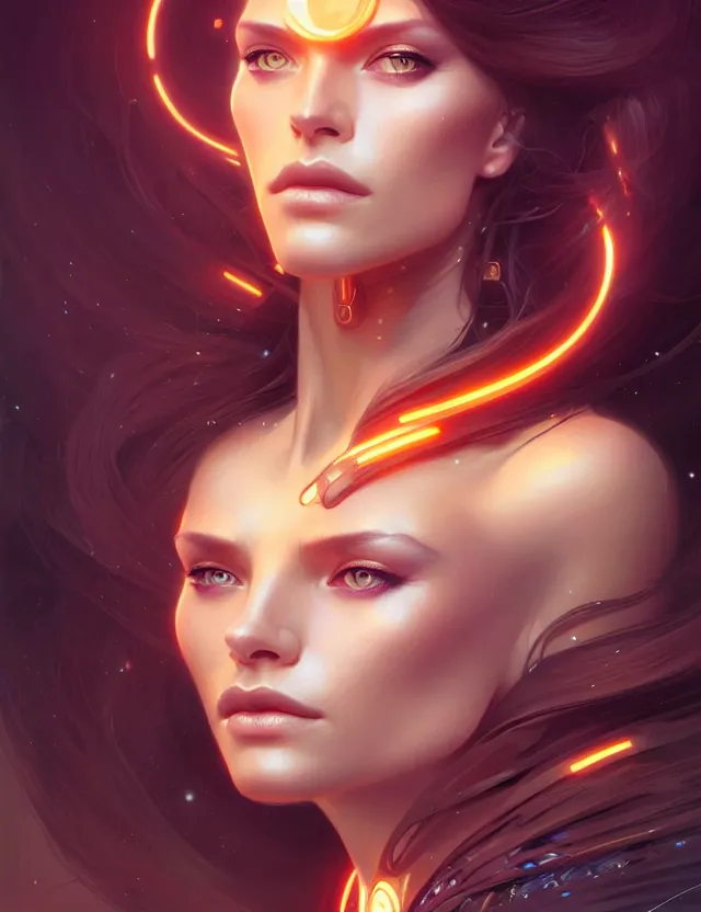 Image similar to futuristic woman portrait, sci-fi, amber eyes, face, long hair, fantasy, intricate, elegant, highly detailed, digital painting, artstation, concept art, smooth, sharp focus, illustration, art by artgerm and greg rutkowski and alphonse mucha