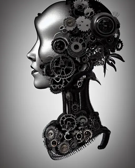 Image similar to black and white dreamy foggy smoky profile face portrait, one silver steampunk eye biomechanical beautiful young female cyclope - cyborg - robot bust, body ribs meshes,, volumetric light, hibiscus flowers, by hg giger, rim light, by dora maar and cecile beaton, big gothic fashion pearl embroidered collar, 8 k