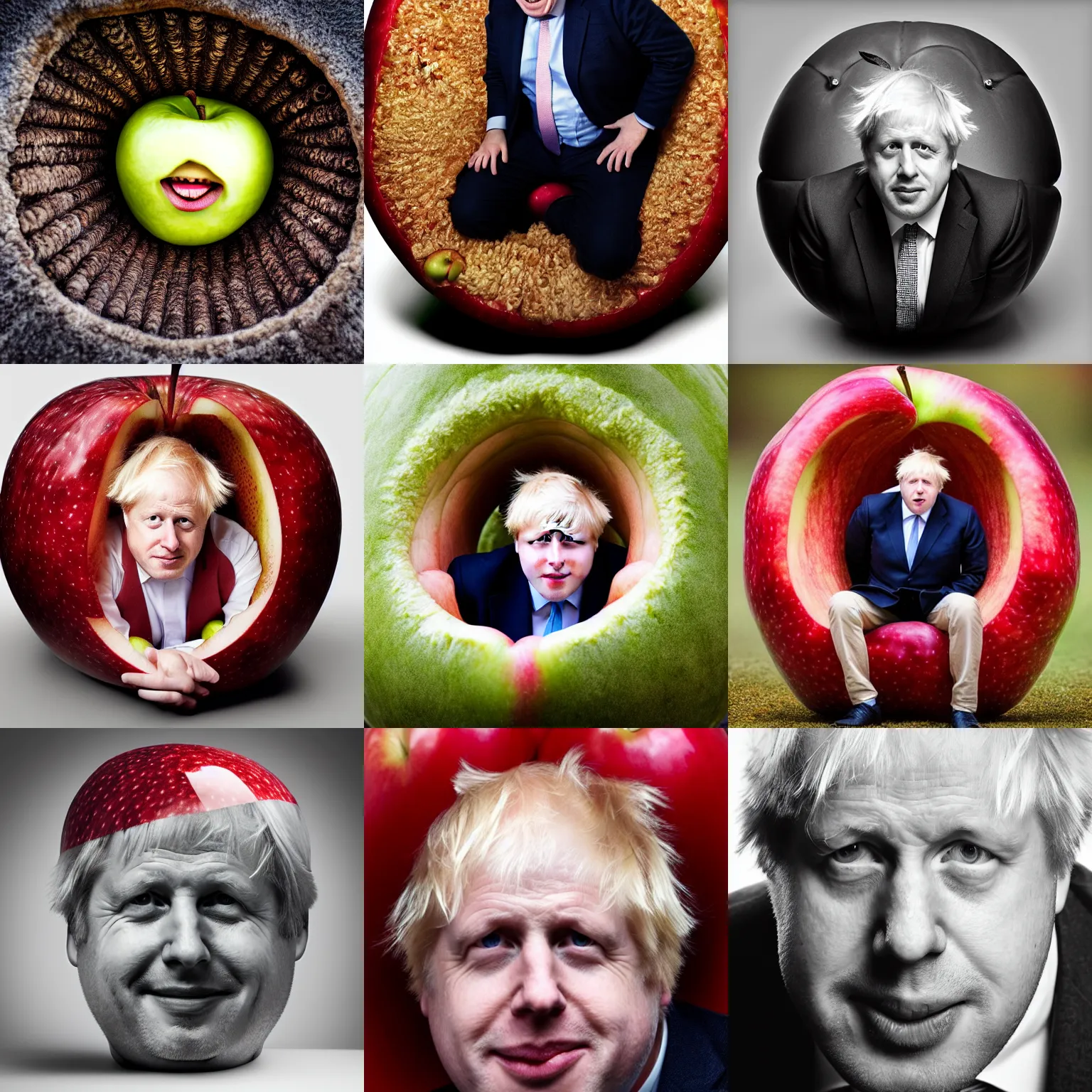 Prompt: boris johnson inside an apple, comfy, portrait photography, high quality