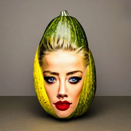 Image similar to a gourd shaped to look like the face of amber heard intercross hybrid mix