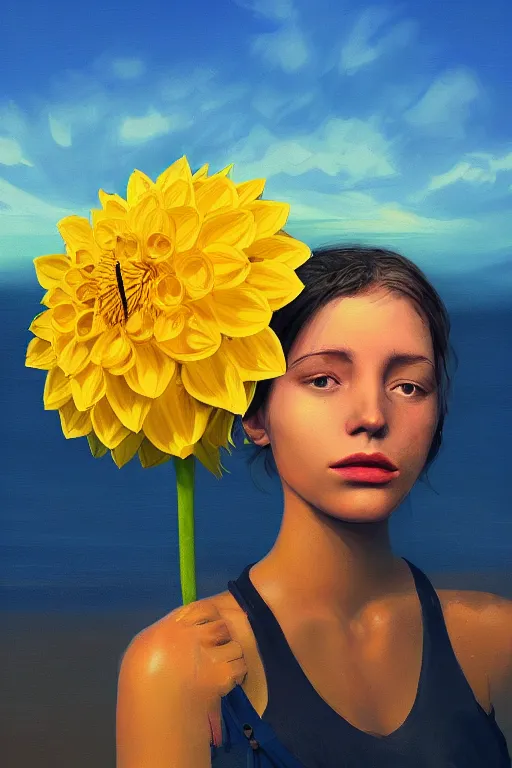 Prompt: closeup girl with huge yellow dahlia flower over face, on beach, surreal photography, blue sky, sunrise, dramatic light, impressionist painting, digital painting, artstation, simon stalenhag