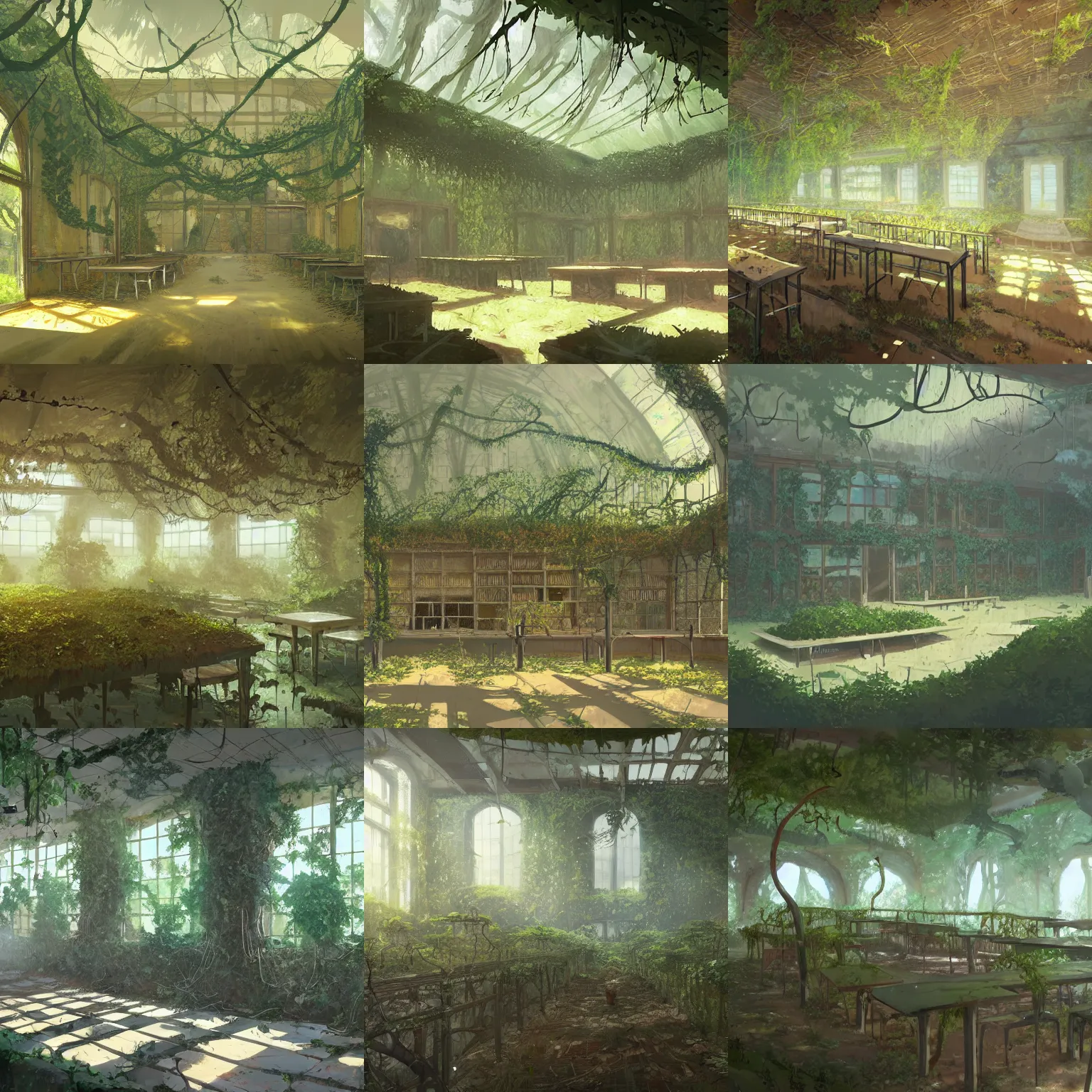 Prompt: Naturecore abandoned school cafeteria covered in vines by Studio Ghibli and Greg Rutkowski, artstation