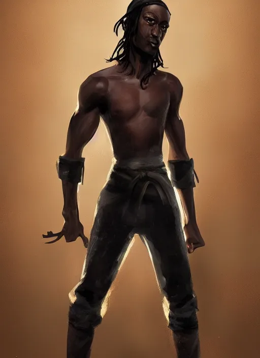 Image similar to An epic fantasy comic book style portrait painting of a skinny dark skinned thief who\'s good at martial arts, unreal 5, DAZ, hyperrealistic, octane render, cosplay, RPG portrait, dynamic lighting