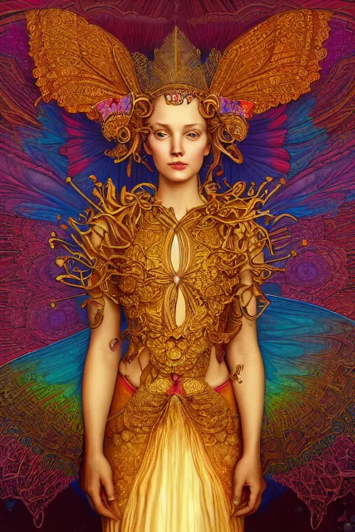 Prompt: full body portrait of an eleven queen with lace wings by artgerm, mandala, rococo, vivid color, complementary color, golden ratio, detailed, sharp lines, sharp focus, intricate, rainbowshift, by maxfield parrish, by peter mohrbacher, by gustave dore, by alphonse mucha, deviantart, octane render