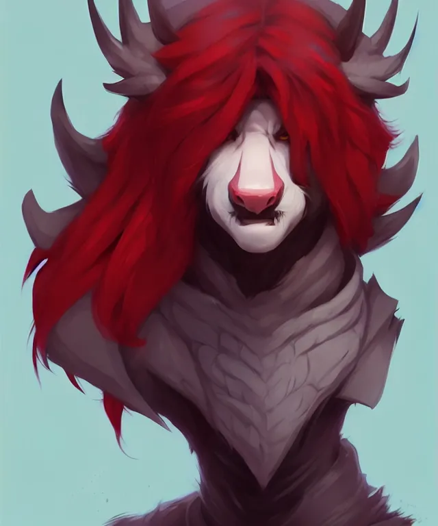 Image similar to character concept art of a black anthropomorphic male furry wolf long red hair | | cute - fine - face, pretty face, key visual, realistic shaded perfect face, fine details by stanley artgerm lau, wlop, rossdraws, james jean, andrei riabovitchev, marc simonetti, and sakimichan, trending on artstation