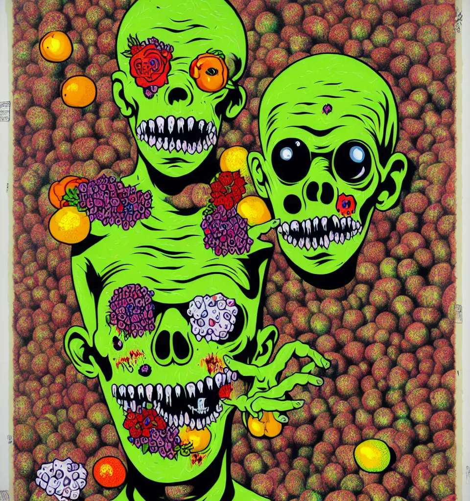 Prompt: portrait of a zombie straightedge hardcore kid, moshing, head made of fruit gems and flowers in the style of arcimboldo, basil wolverton, philip taaffe, cartoonish graphic style, street art, silkscreen pop art, punk graphics, photocopy