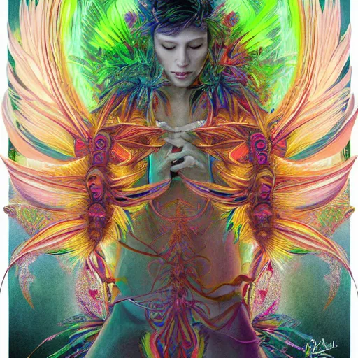 Image similar to A reality bending psychedelic ayahuasca experience, colorful, distorted, surreal, tropical bird feathers, dramatic lighting on the face, intricate, elegant, highly detailed, fire flies, digital painting, concept art, smooth, sharp focus, illustration, art by Krenz Cushart and Wayne Barlowe and alphonse mucha