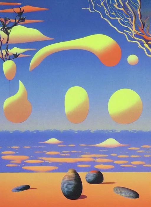 Image similar to Japan travel and tourism c2050, surrealist psychedelic painting in the style of Oxygene, Magritte, Roger Dean, Yoshio Awazu, vivid color