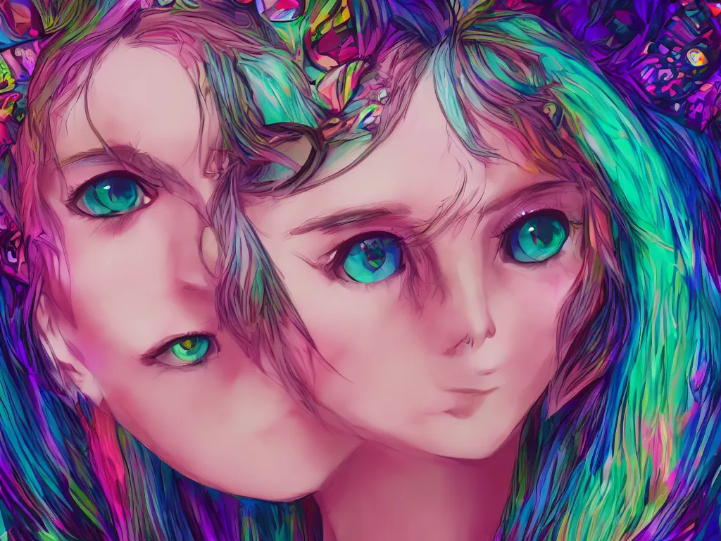 Prompt: girl with cat ears, psychedelic, lsd, trending on artstation, digital art, anime style, close - up face!!! portrait, 4 k