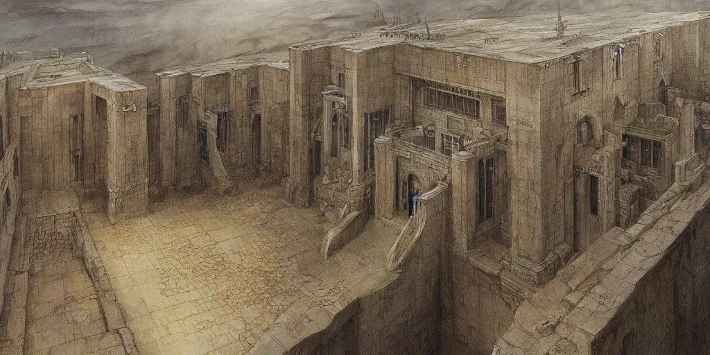 Image similar to Artwork by John Howe of the cinematic view of the Seventh Terrifying Prison.