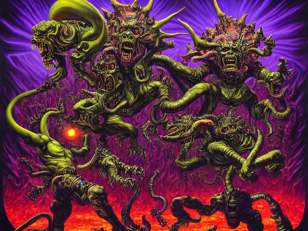 Image similar to a hyperrealistic painting of an epic boss fight against an ornate supreme dark psychic overlord, cinematic horror by chris cunningham, lisa frank, richard corben, highly detailed, vivid color,