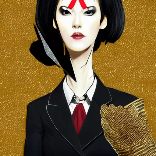 Image similar to Goro Majima as slim girl, gold suit jacket in snake print, black leather gloves, short black hair, black eye patch, elegant, 2d, ultra highly detailed, digital painting, smooth, sharp focus, artstation, art by Ilya Kuvshinov