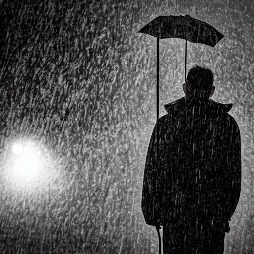 Prompt: a man standing in the rain looking up toward the sky pondering life horror