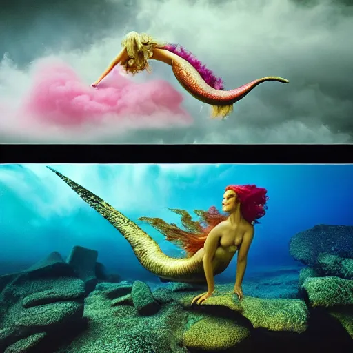 Prompt: film photography of a two tailed mermaid floating in front of colourful underwater clouds by Kim Keever, low shutter speed, 35mm, intricate, highly detailed