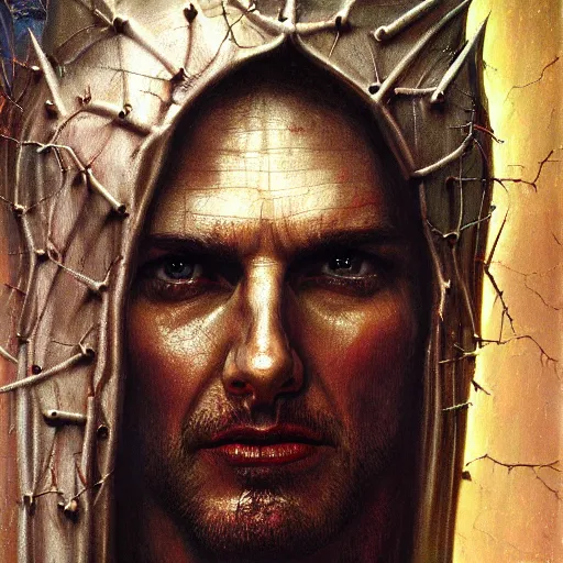 Prompt: portrait of Tom Cruise as demonic Jesus Christ in hood and crown of thorns, dark fantasy, Warhammer, artstation painted by Zdislav Beksinski and Wayne Barlowe
