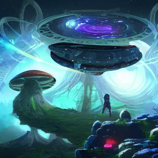 Image similar to a new RPG video game set in an advanced galaxy containing unique ecological systems, some biological, some digital, many different species and cultures, communication between galaxies and species, mycology, Mycelium, love, player has a spaceship and can explore and interact, 4k, visionary