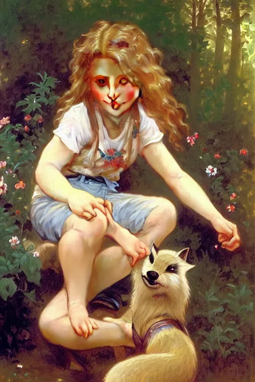 Image similar to a seven - year old with long curly dirty blonde hair, blue eyes, tan skin a tee shirt and shorts, playing with foxes, painting by daniel gerhartz, alphonse mucha, bouguereau, detailed art, accurate facial details, no blush, artstation