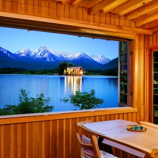 Image similar to A cottage with a big picture window light up by a lake Surrounded by trees and mountains in the background and beach chairs and trees in the foreground at night