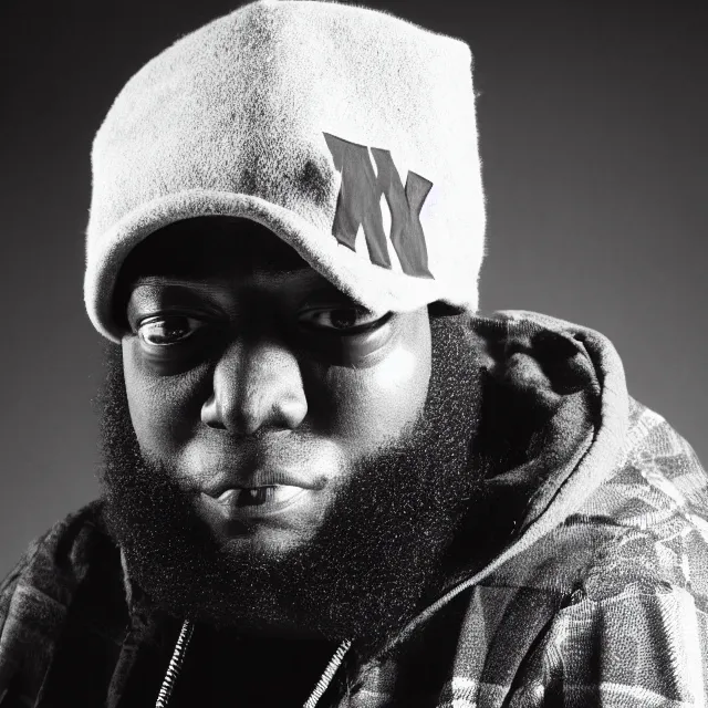 Image similar to a close-up black-and-white studio portrait of MF Doom wearing a plaid ushanka hat