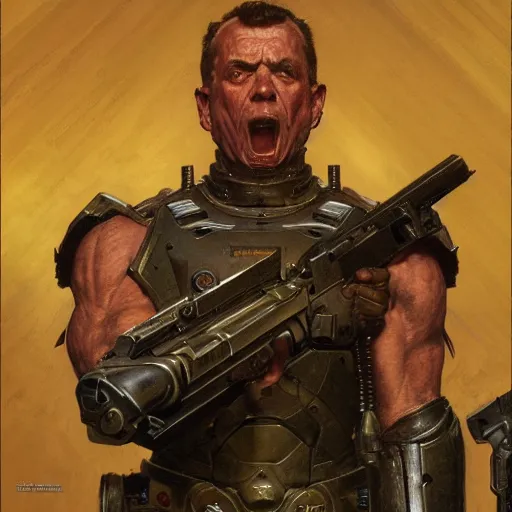 Image similar to the doomslayer, closeup portrait art by norman rockwell and donato giancola and greg rutkowski