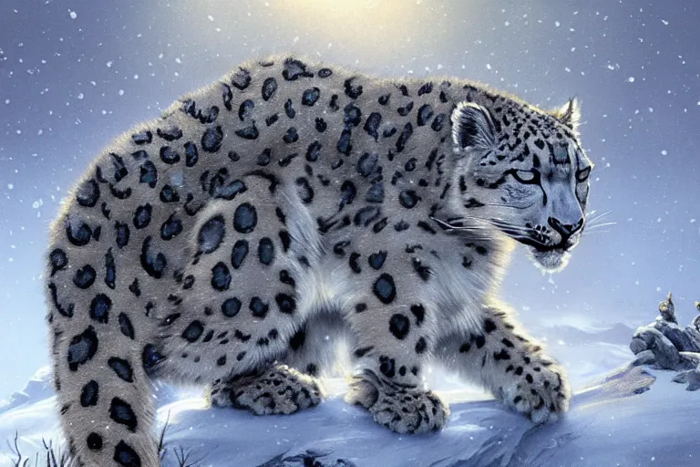 Image similar to Snow leopard on a beautiful fantasy landscape, mountainside, winter, moonlit, HD, illustration, epic, D&D, fantasy, intricate, elegant, highly detailed, digital painting, artstation, concept art, smooth, sharp focus, illustration, wallpaper, art by artgerm and greg rutkowski and alphonse mucha and jin xiaodi