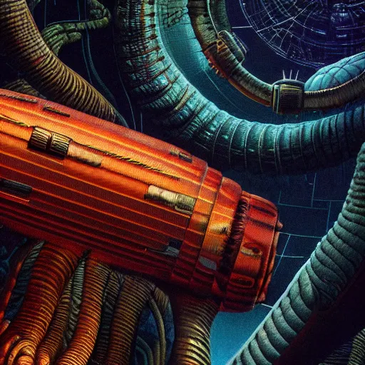 Image similar to Prometheus hibernation capsule biological sci-fi environment set close-up, hibernation capsule close-up, in a nightmarish universe of odd forms and somber tapestry, HR Giger and Vincent Di Fate, vivid color scheme, featured in artstation, octane render, cinematic, elegant, intricate, 8k