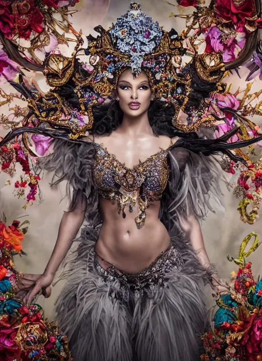 Image similar to expressive full body photo of a miss universe in creative costume, ornate headpiece made from flowers, ornaments, glamour shot by stefan gesell, photorealistic, canon r 3, fashion photography, hyper maximalist, sharp focus, ornate, elegant, luxury and elite, environmental portrait, symmetrical features, octane render, unreal engine, solid dark grey background, dramatic lights