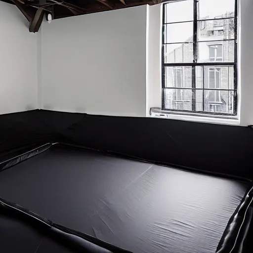 Prompt: a black trampoline, a ball pit, and a mattress inside a big empty room with light coming through the windows