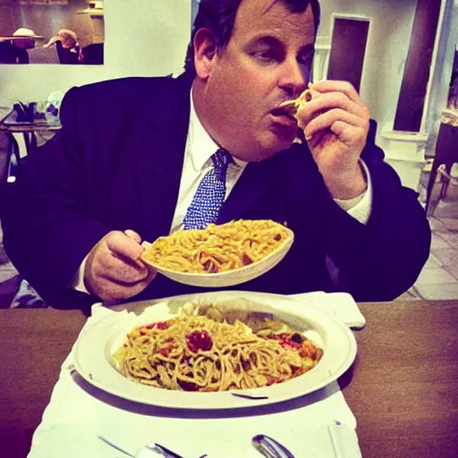Image similar to chris christie eating pasta at the jersey shore, detailed, trending on artstation