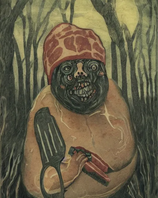 Prompt: highly detailed horror portrait of a morbid obese maked heavy butcher with meat cleaver in dark forest, evil aura