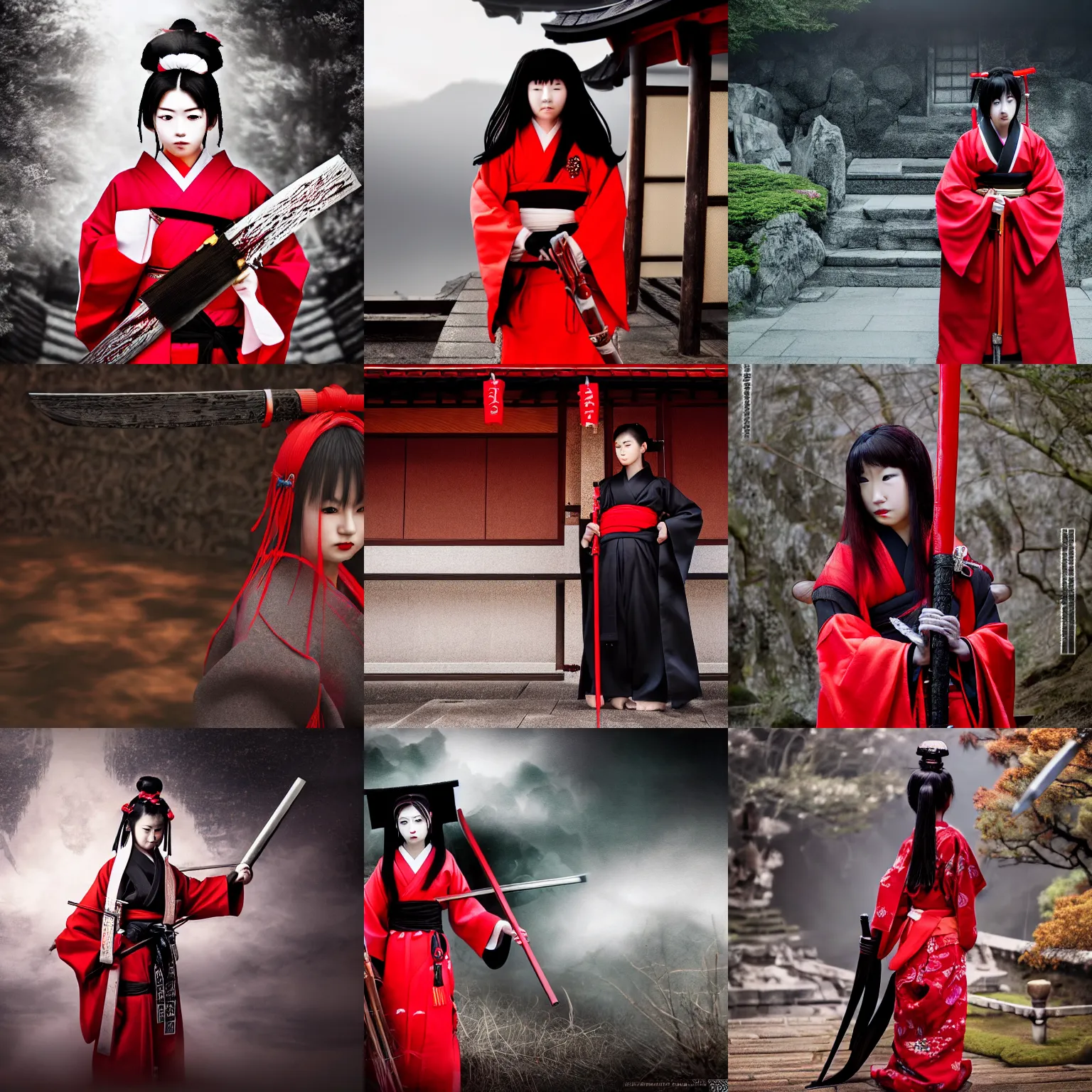 Prompt: black shrine maiden with red Katana, Kyoto, Japan, atmospheric, mysterious, godness, angel, ultra realistic, high quality, ultra details, 4k, 8k