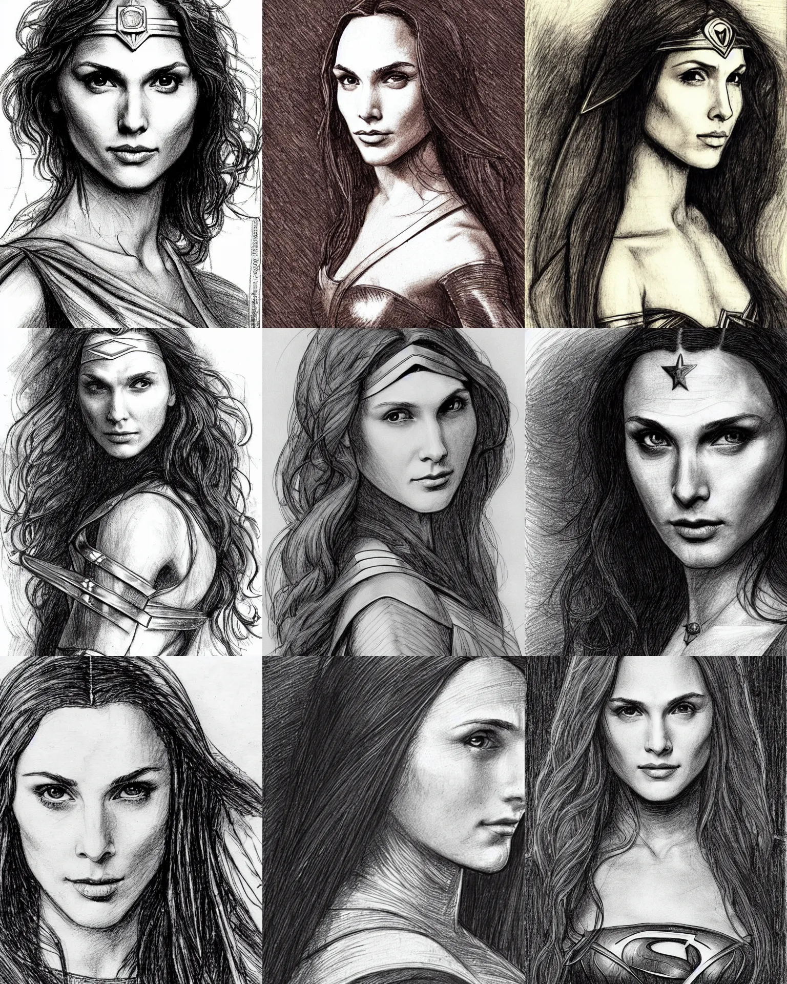 Prompt: leonardo davinci!!! pencil sketch by leonardo davinci close up headshot of gal gadot as superhero in the style of leonardo davinci, x-men superhero comic book character by leonardo davinci