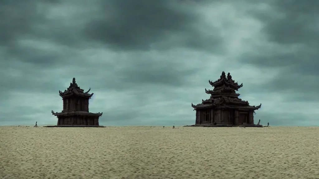 Image similar to the strange temple on the beach, they walk inside, film still from the movie directed by denis villeneuve and david cronenberg with art direction by salvador dali, wide lens